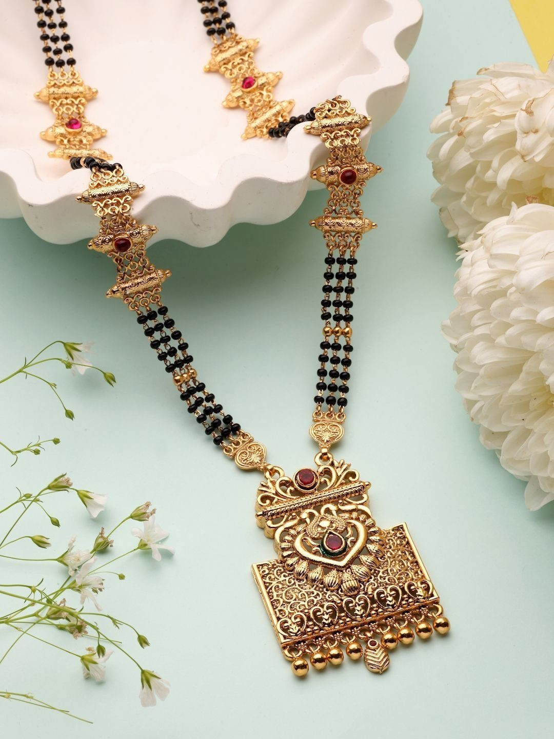 OZ Jewels Gold-Plated Black Beaded Traditional Red Stone Studded Mangalsutra