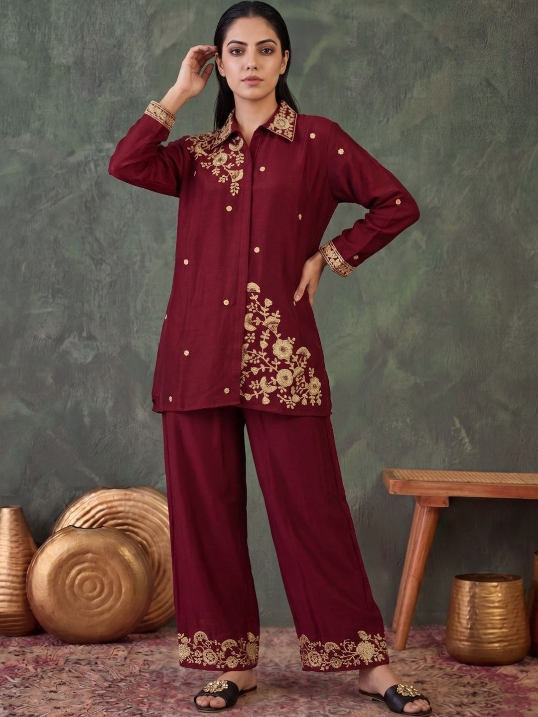 Indyanvastra Floral Silk Embroidered Shirt with Palazzos