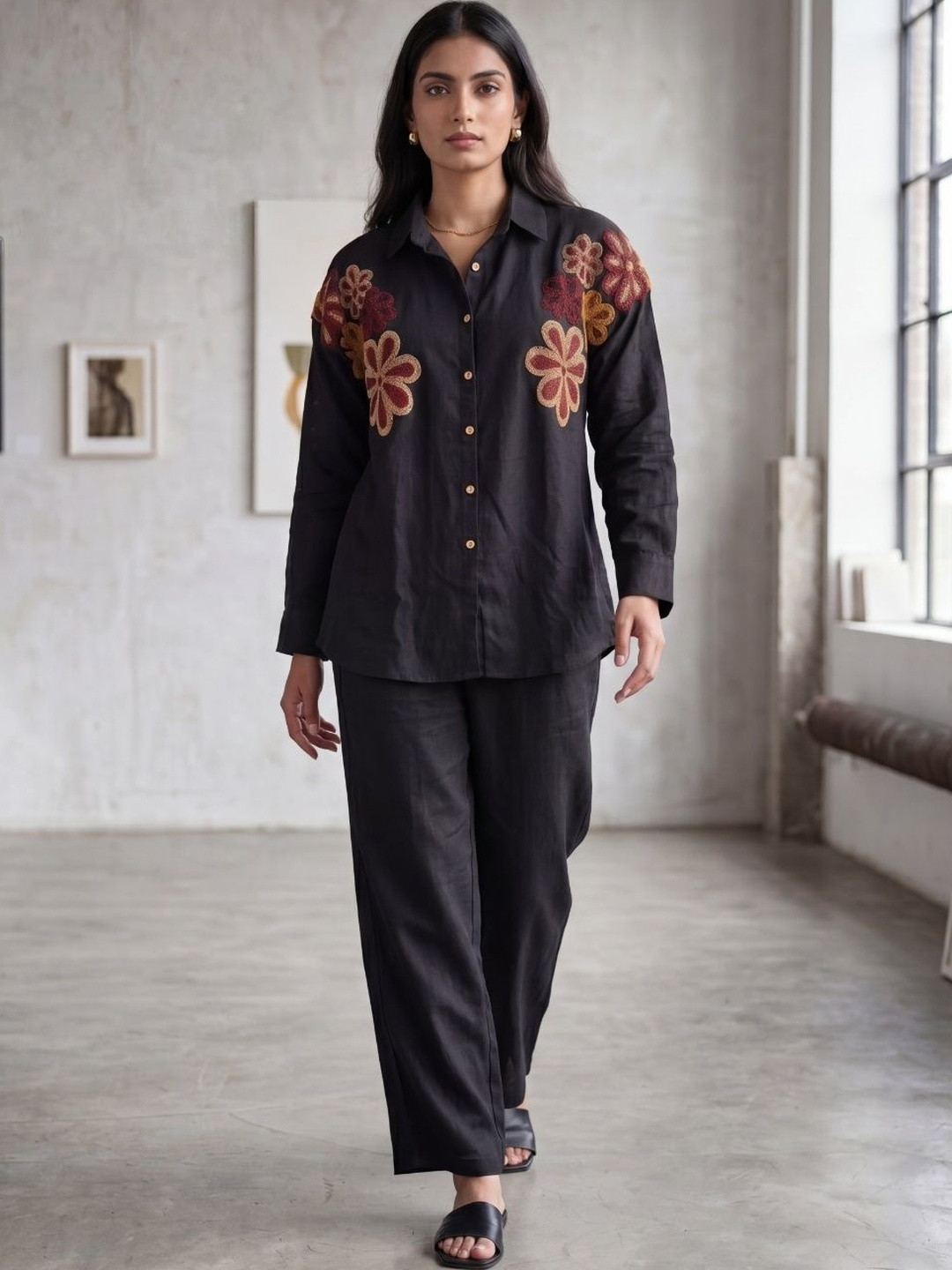 Indyanvastra Bohemian Linen Embroidered Shirt with Trousers