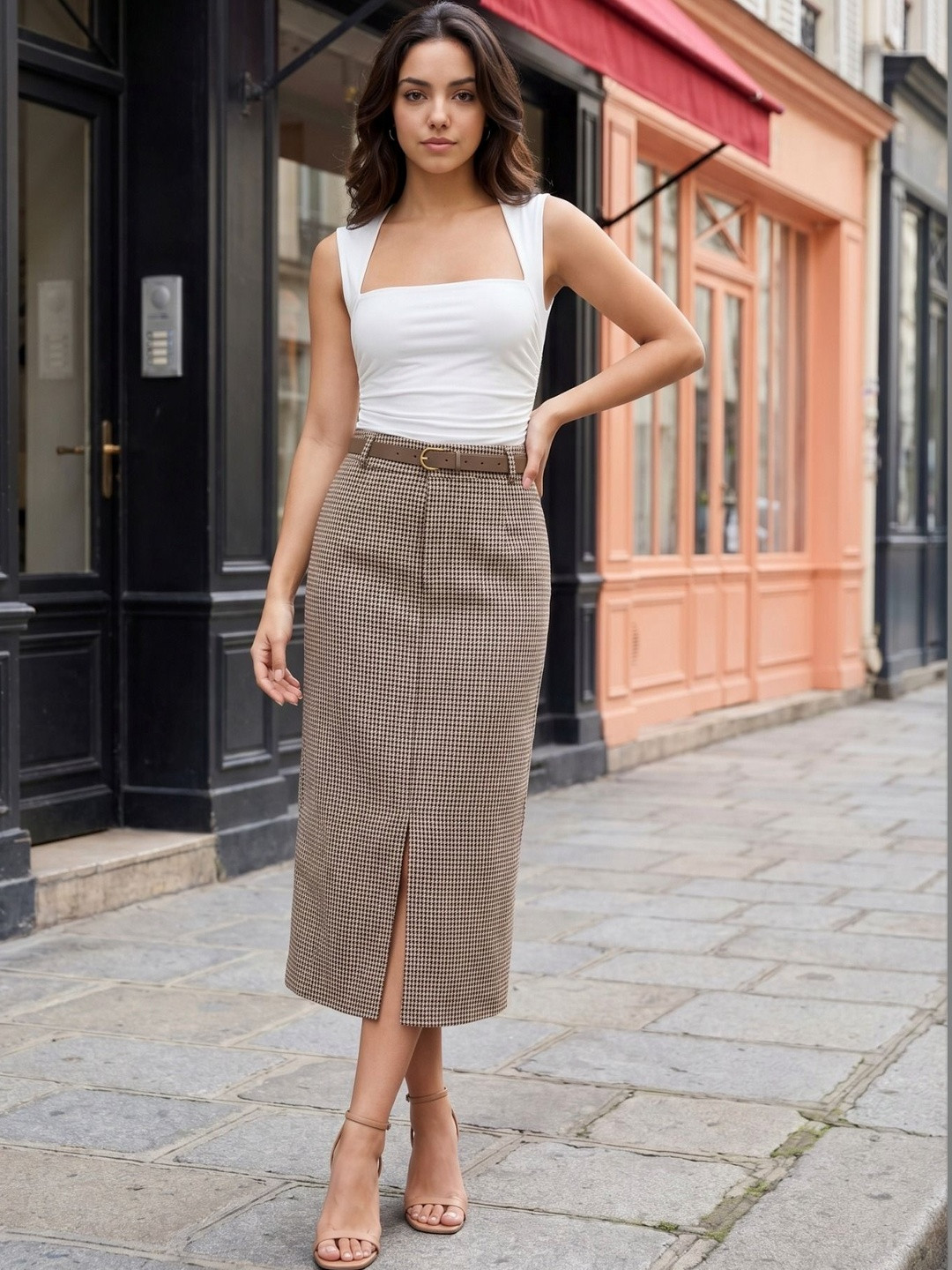 Zucchini Women Checked Summer Checks Front Slit Midi Straight Skirt