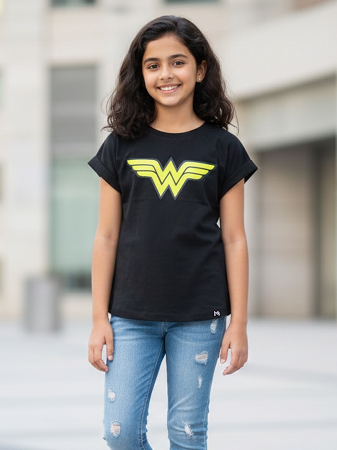 YK X Minute Mirth Girls Wonder Woman Print Extended Sleeves T-shirt