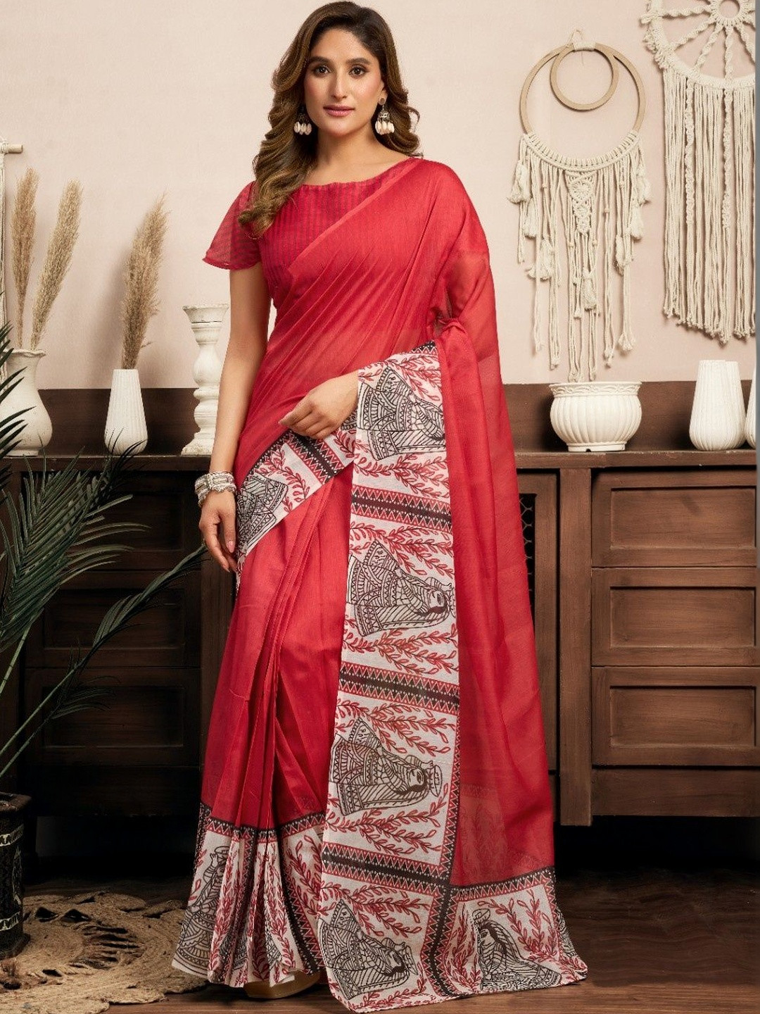 Sangria Red & White Linen Printed Ready to Wear Saree