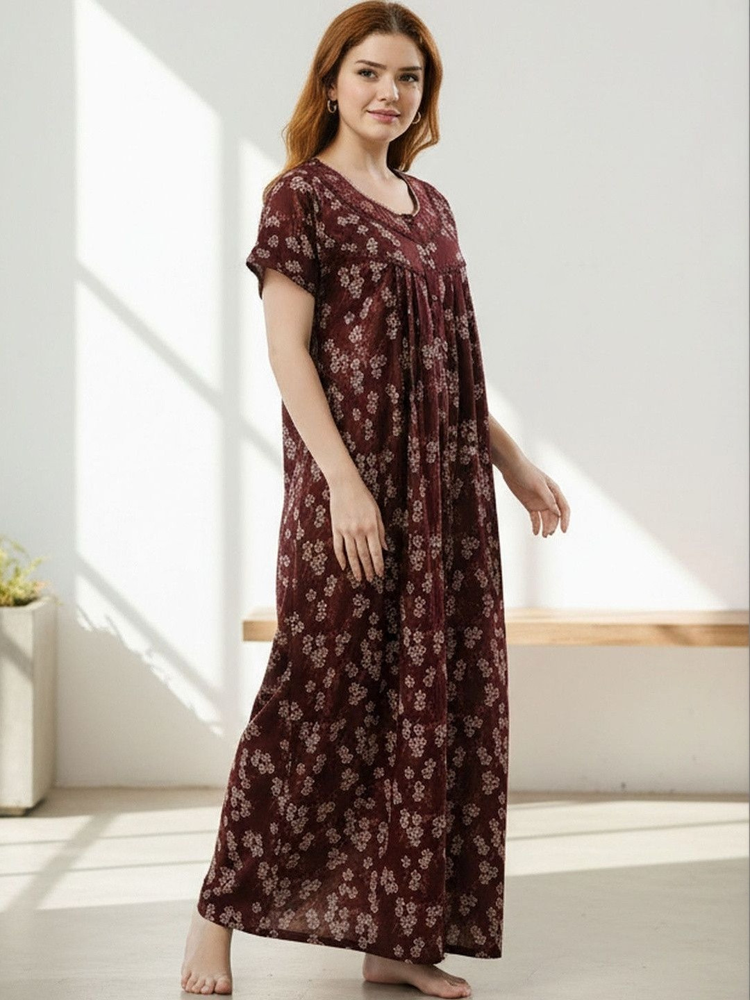Cloud Soft Floral Printed Short Sleeves Round Neck Maxi Nightdress