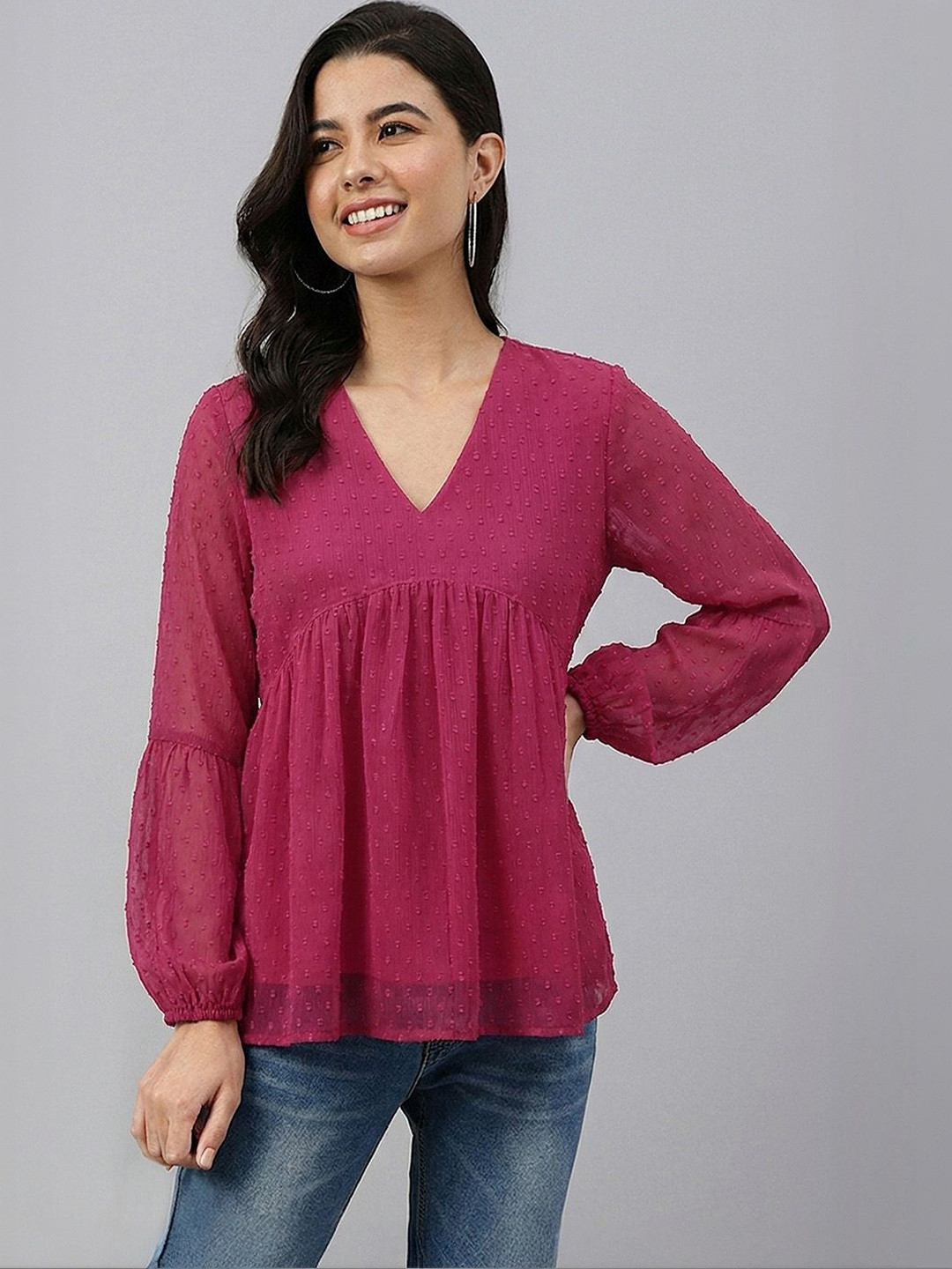 Janasya Solid Pink Puff Sleeve Chiffon Empire A-Line Top