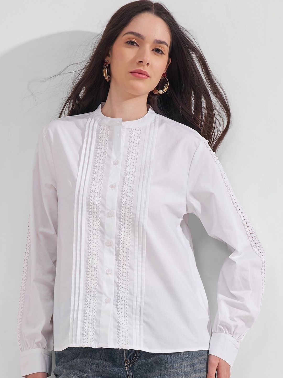 Tokyo Talkies Women White Manderin Collar With Full Sleeves Front Button Detail Top