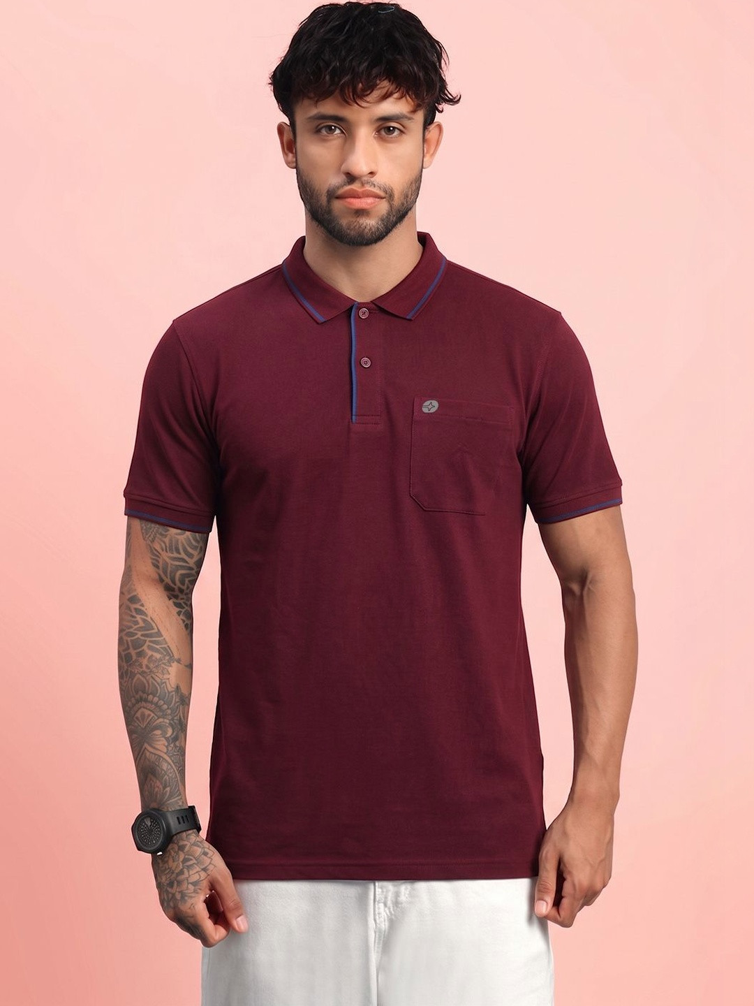 LUX NITRO Solid Pocket Cotton Blend Ribbed Sleeve Side Slit Polo T Shirt