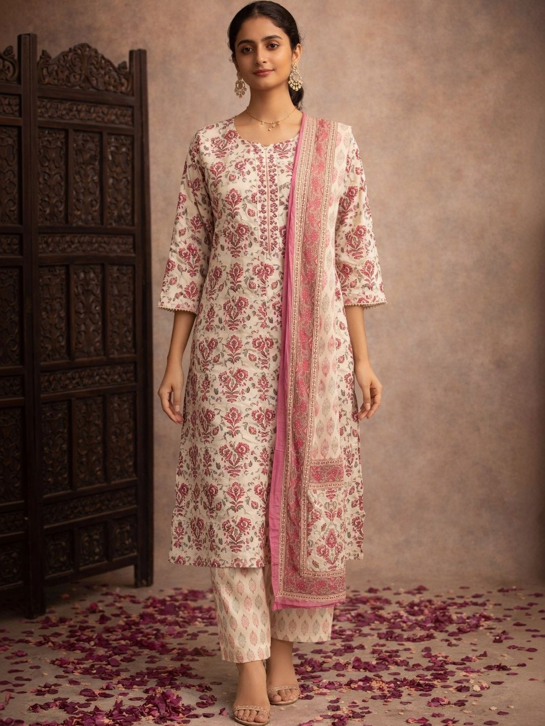 Sangria Women Ethnic Motifs Printed Regular Pure Cotton Kurta with Trousers & With Dupatta