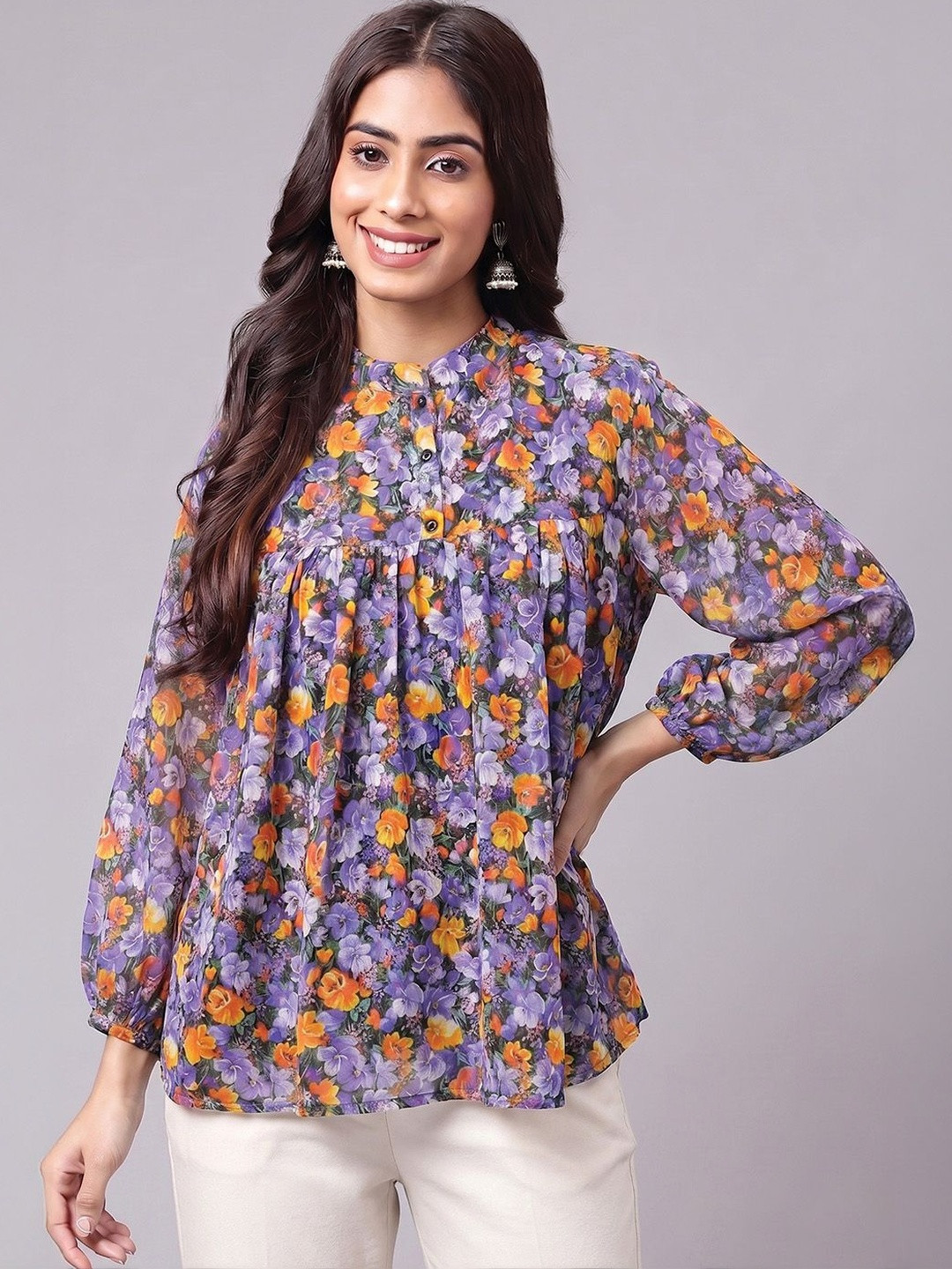 Janasya Floral Print Mandarin Collar Puff Sleeve Georgette Top