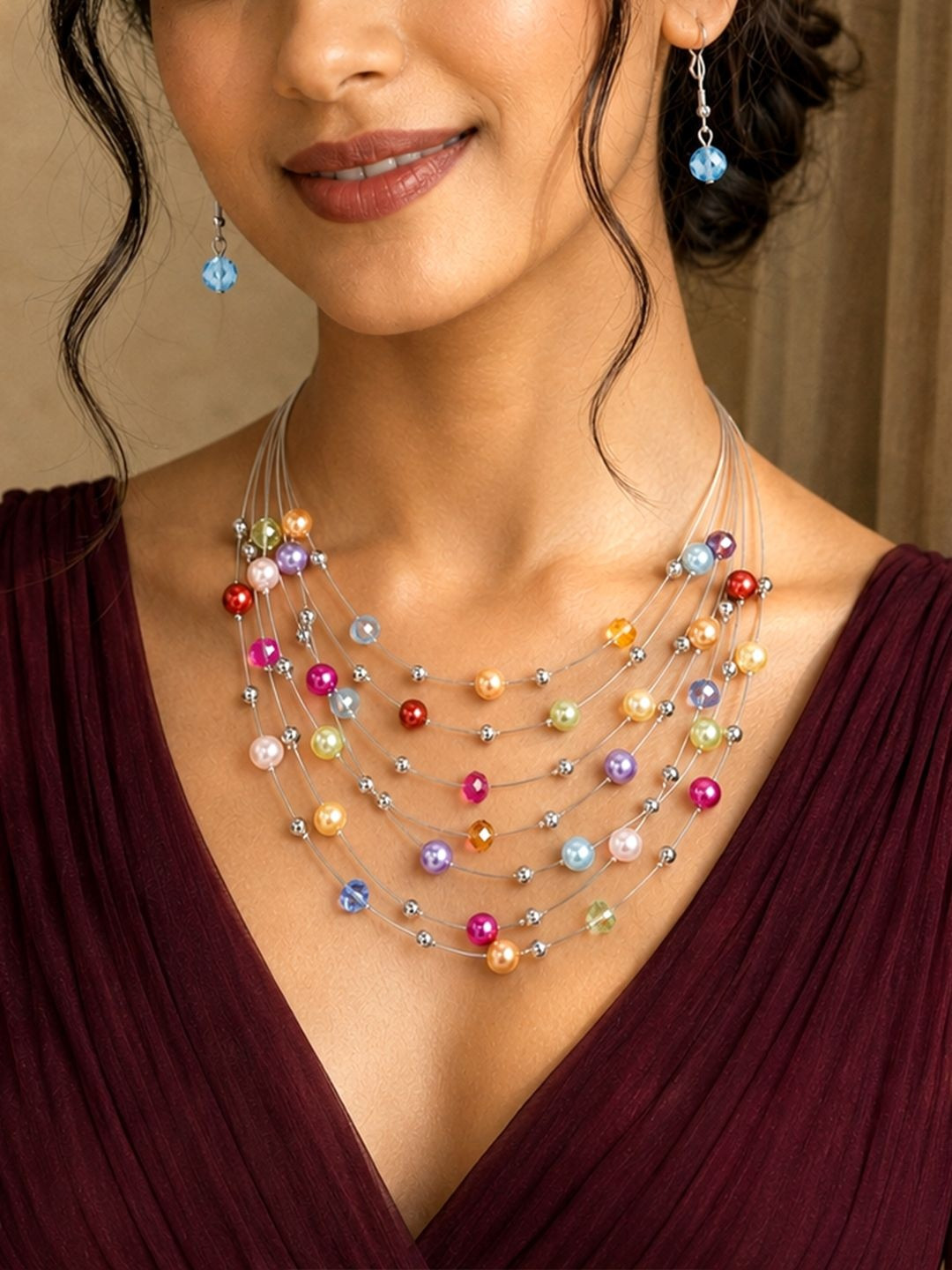 Peora Silver-Plated Artificial Beaded Necklace And Earrings