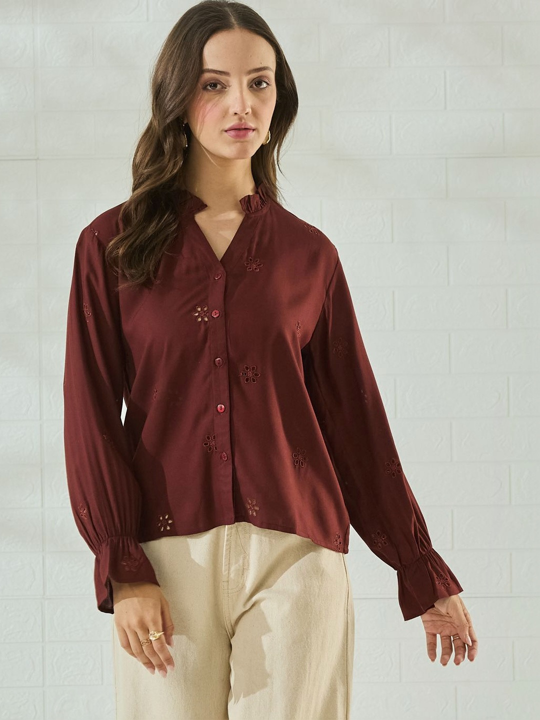 J Turritopsis Women Coffee Schiffli Embroidered Casual Shirt