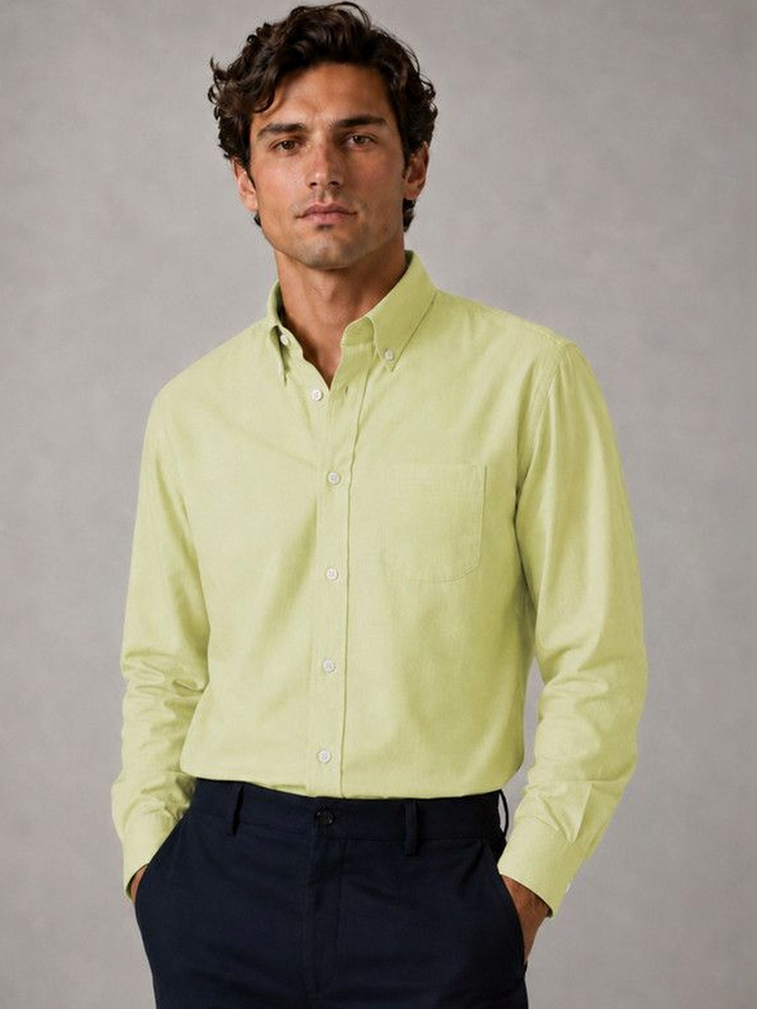 FRANKSHIRT Men's Lime Green Plain Solid Oxford Cotton Regular Fit Full Sleeve Casual Shirt