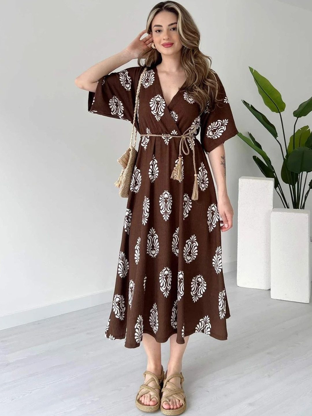 DMPRSN ATTIRE Bohemian Print Kimono Sleeve Liva Midi Dress