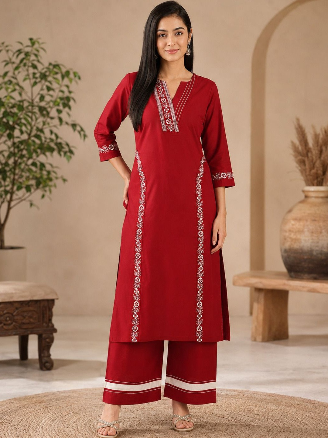HERE&NOW Women Ethnic Motifs Embroidered Regular Thread Work Pure Cotton Kurta with Palazzos
