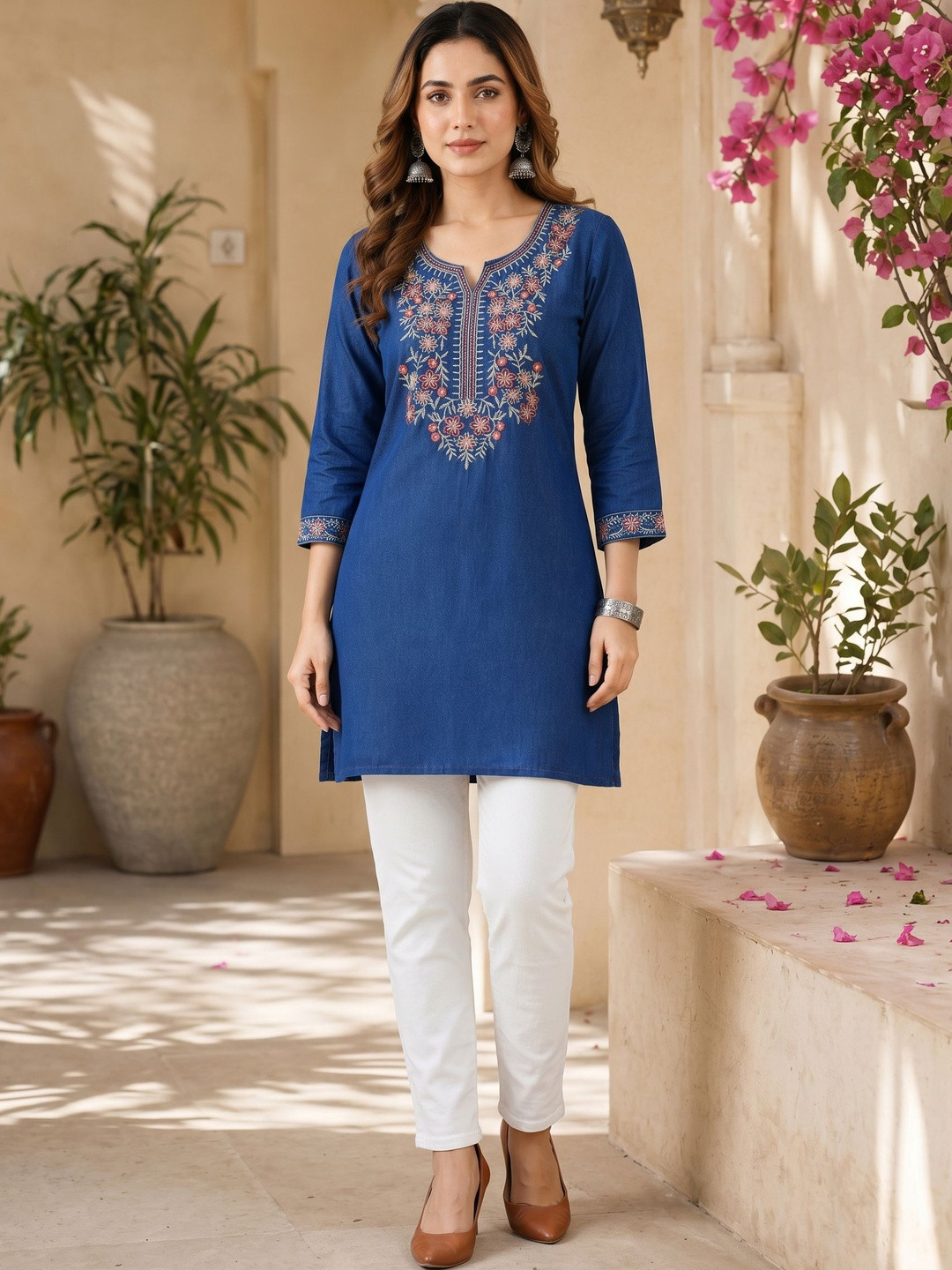 ESHMYRA Floral Embroidered V-Neck Thread Work Pure Cotton Thread Work Kurti