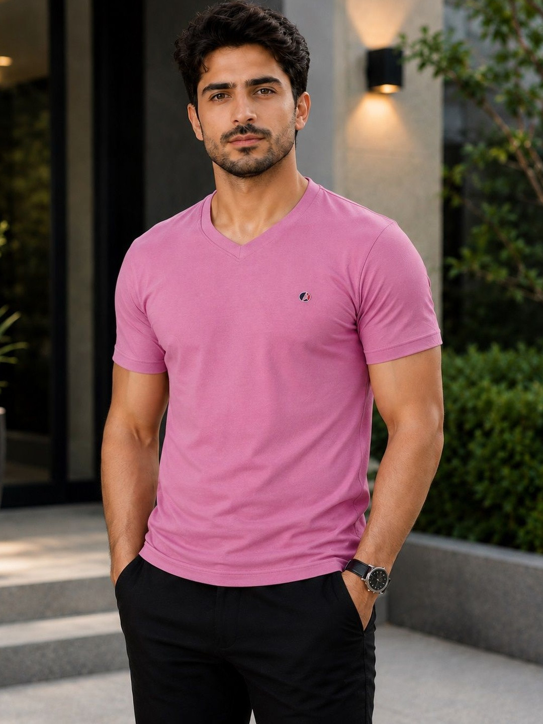OCCULT Men Brand Logo V-Neck Pure Cotton T-shirt