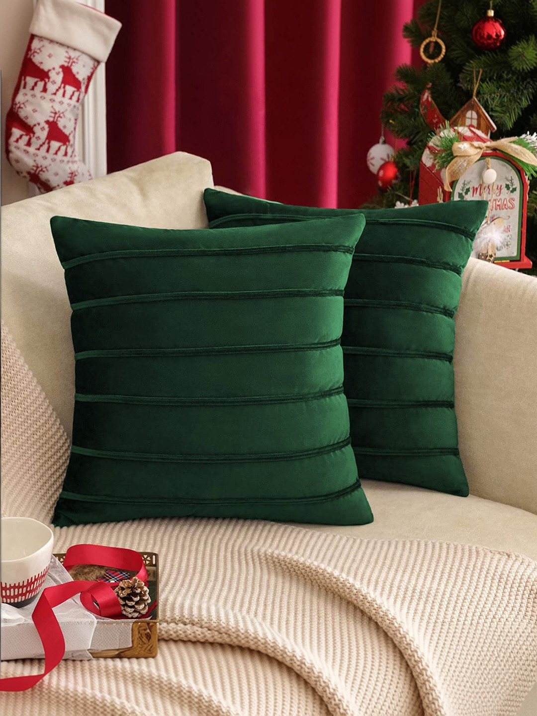 Khooti Green Set of 2 Velvet Square Cushion Covers