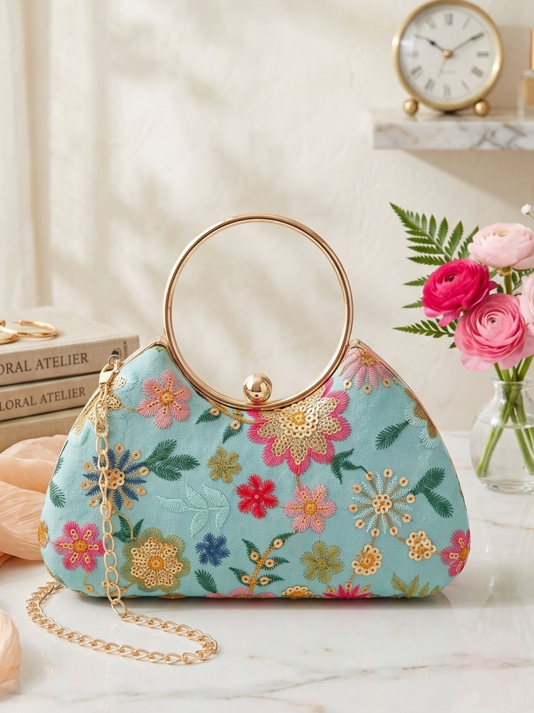 OSTY Women Turquoise Blue Embroidered Box Clutch
