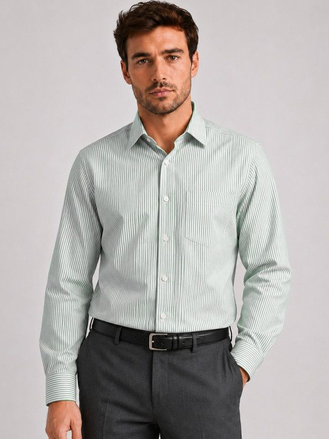 FRANKSHIRT Men Dark Green Striped Oxford Cotton Regular Fit Full Sleeve Casual Shirt