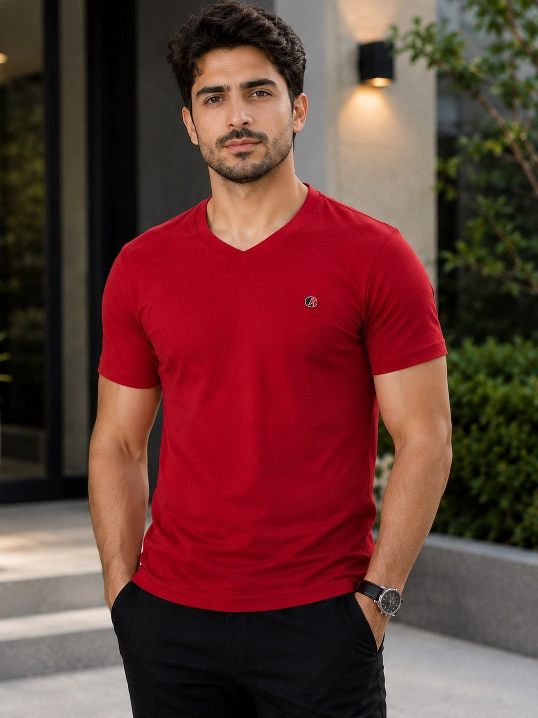 OCCULT Men Brand Logo V-Neck Pure Cotton T-shirt