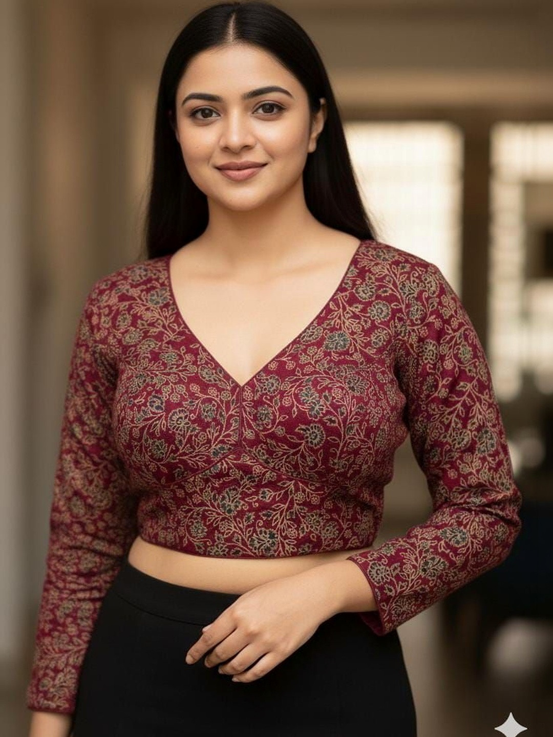 Apexaura Printed V-Neck Cotton Saree Blouse