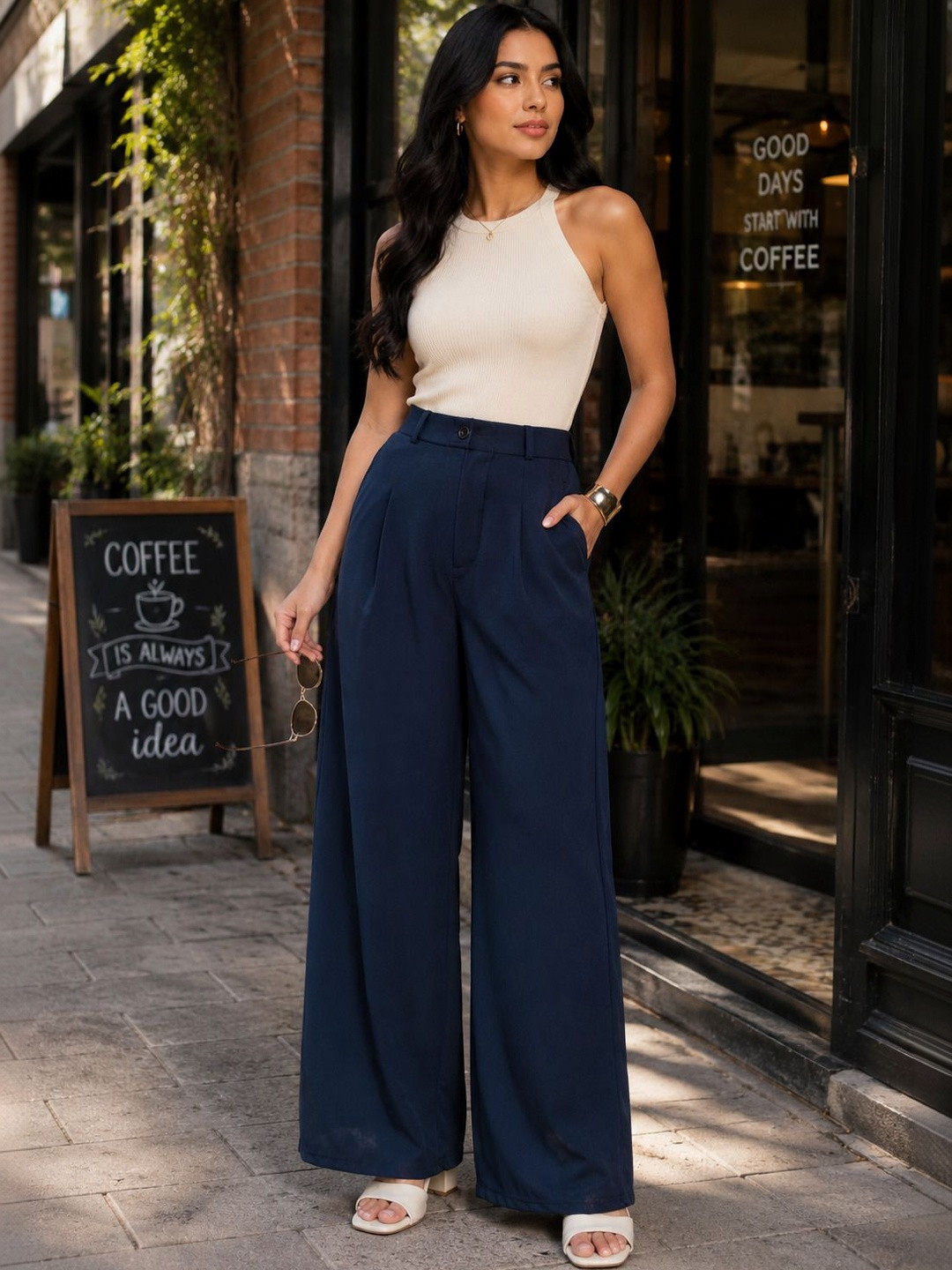 ROOPKAR Women Cotton Relaxed Pleated Trousers