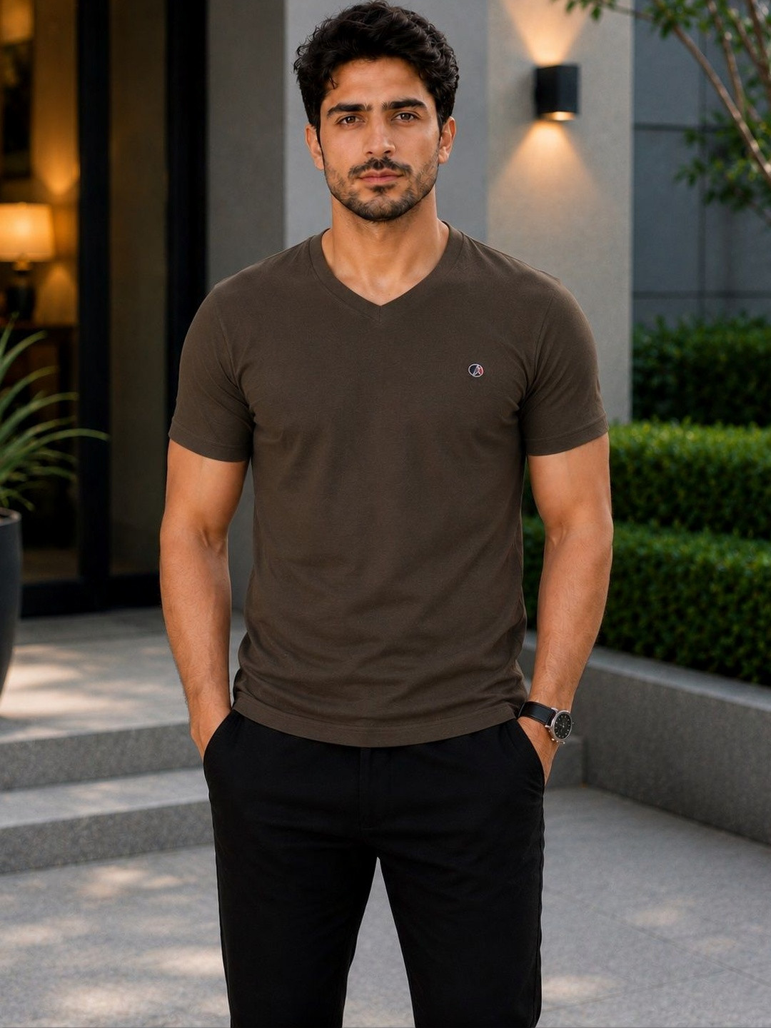OCCULT Men Brand Logo V-Neck Pure Cotton T-shirt