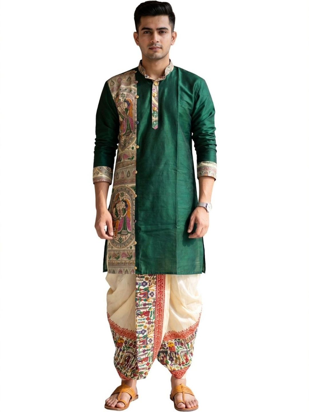 GOURI COLLECTIONS Men Khadi Silk Madhubani Printed Kurta With Banarasi Silk Dhoti Pant