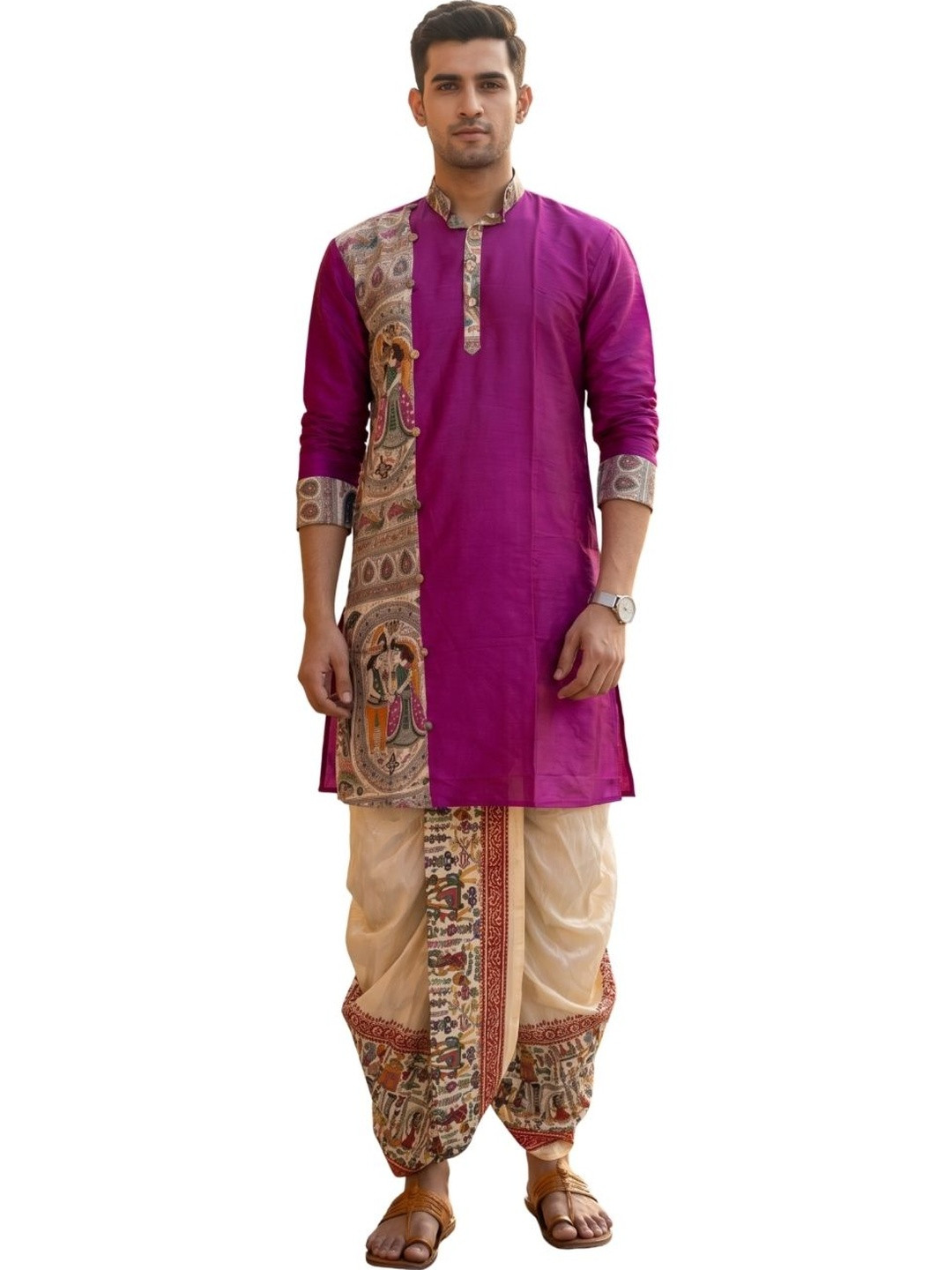 GOURI COLLECTIONS Men Khadi Silk Madhubani Printed Kurta With Banarasi Silk Dhoti Pant