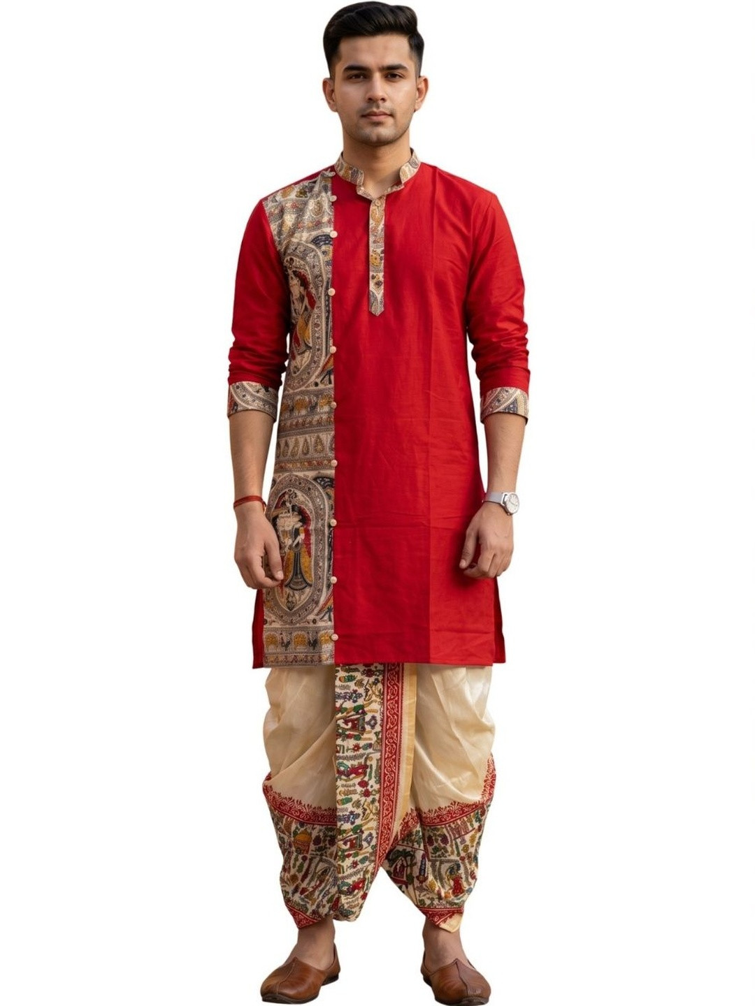 GOURI COLLECTIONS Men Khadi Silk Madhubani Printed Kurta With Banarasi Silk Dhoti Pant