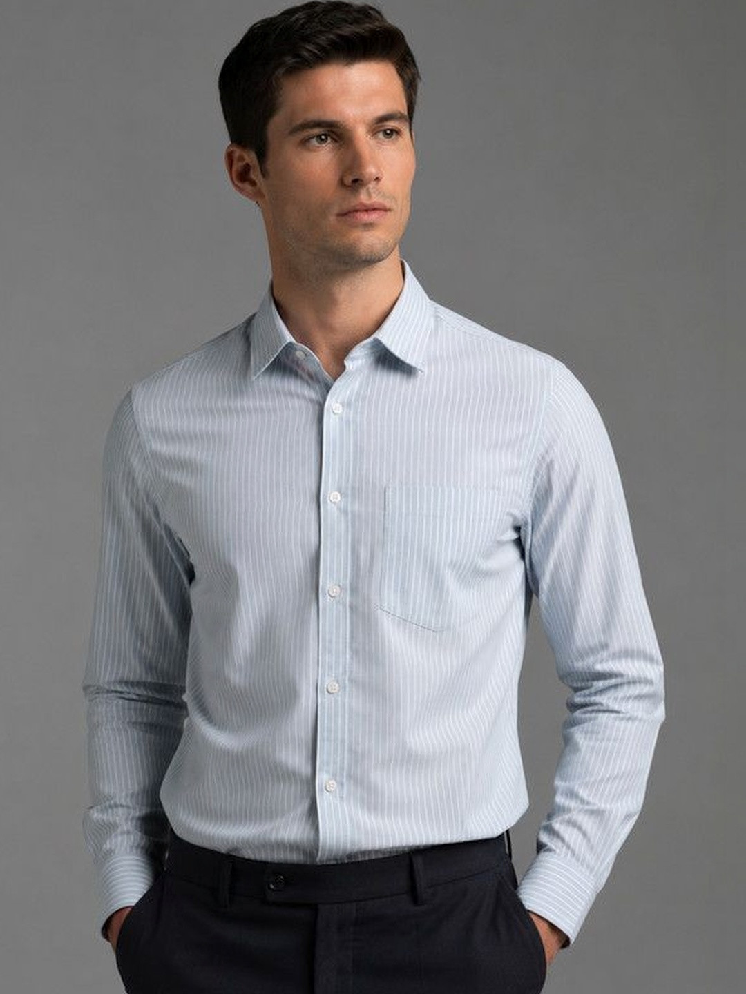 FRANKSHIRT Men Firozi Blue Pinstriped Oxford Cotton Regular Fit Full Sleeve Casual Shirt