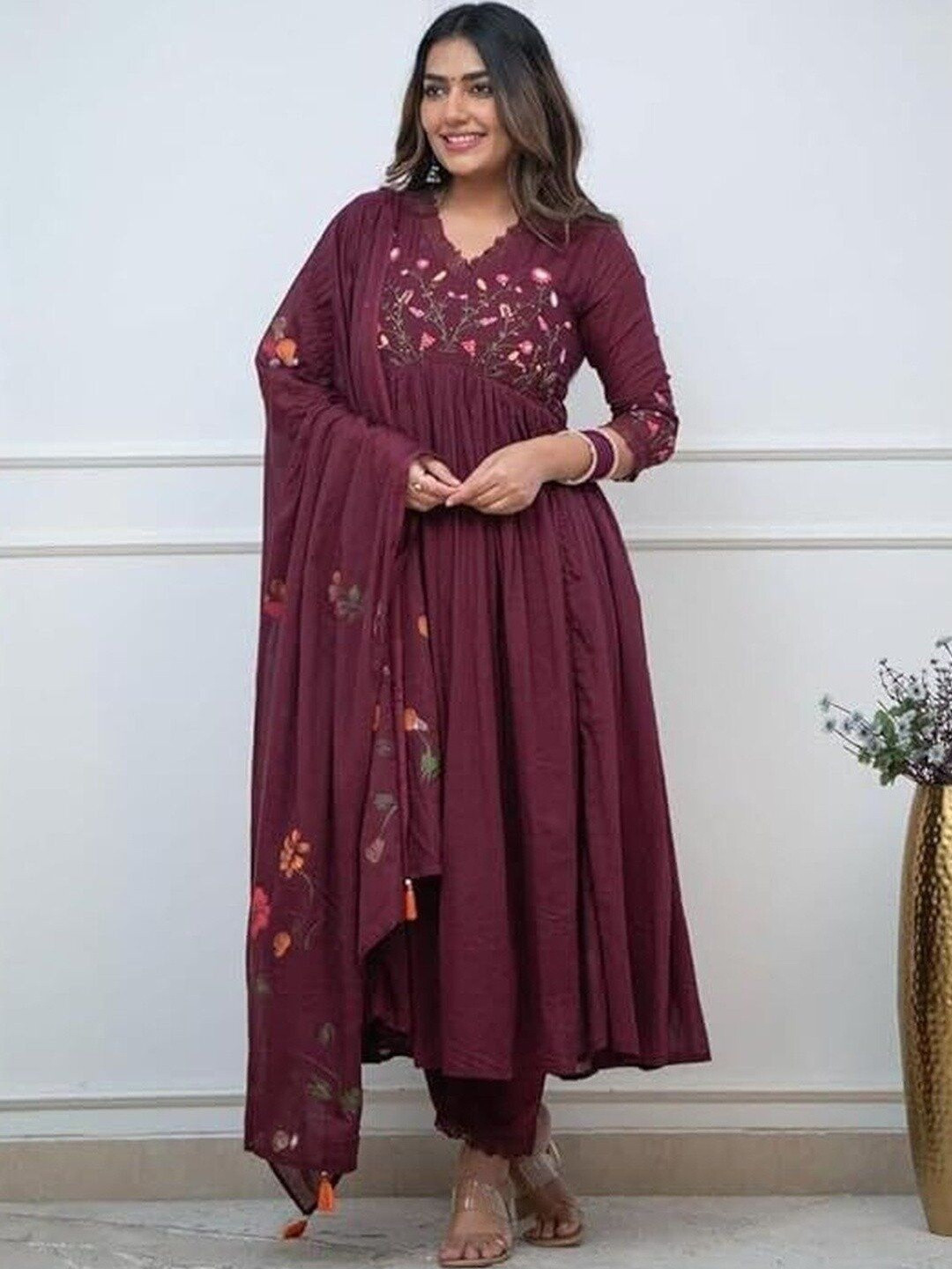 KALINI Women Floral Embroidered Regular Thread Work Kurta with Trousers & With Dupatta