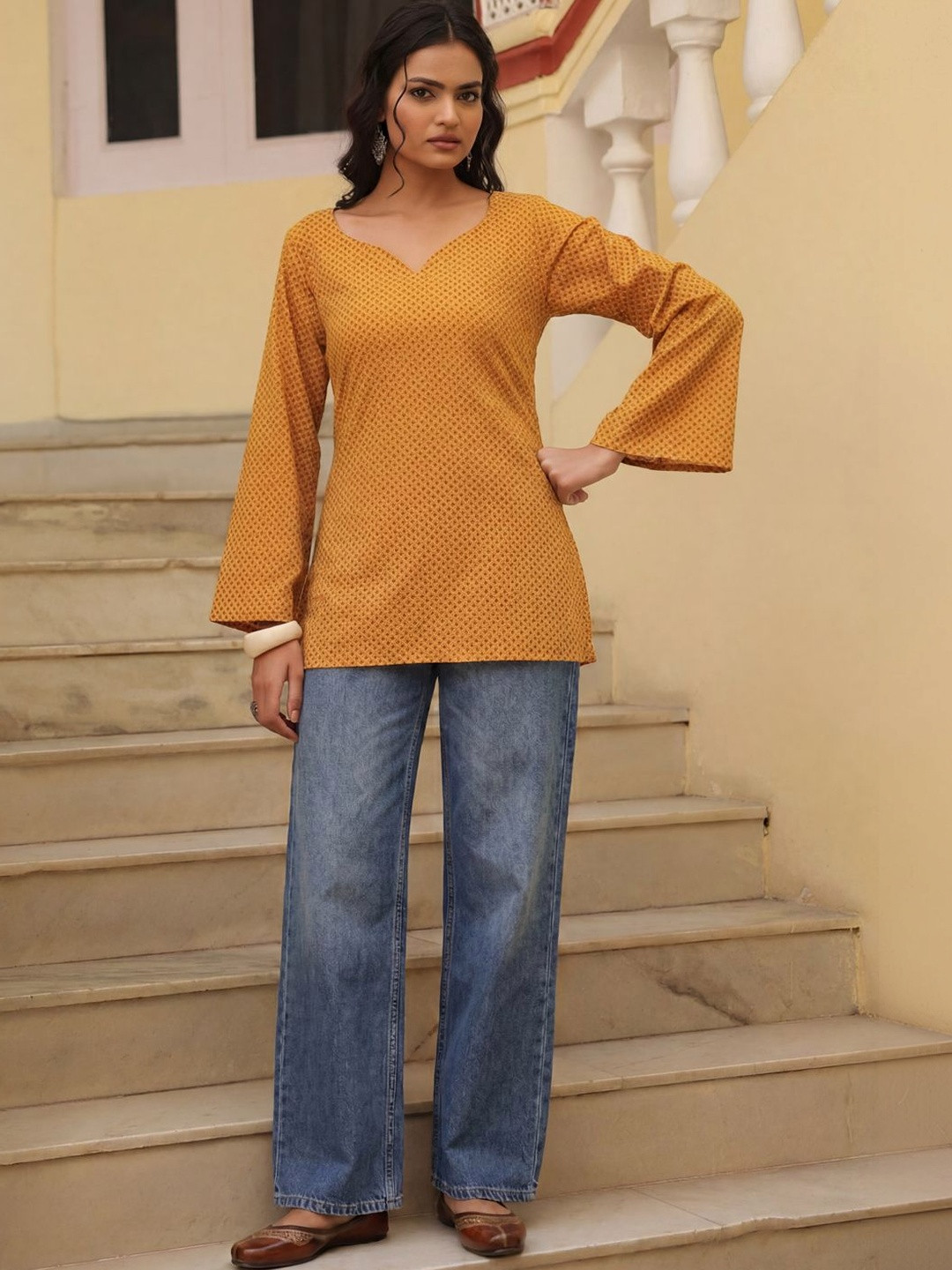 anayna Polka Dot Printed V-Neck Flared Sleeves Pure Cotton Kurti