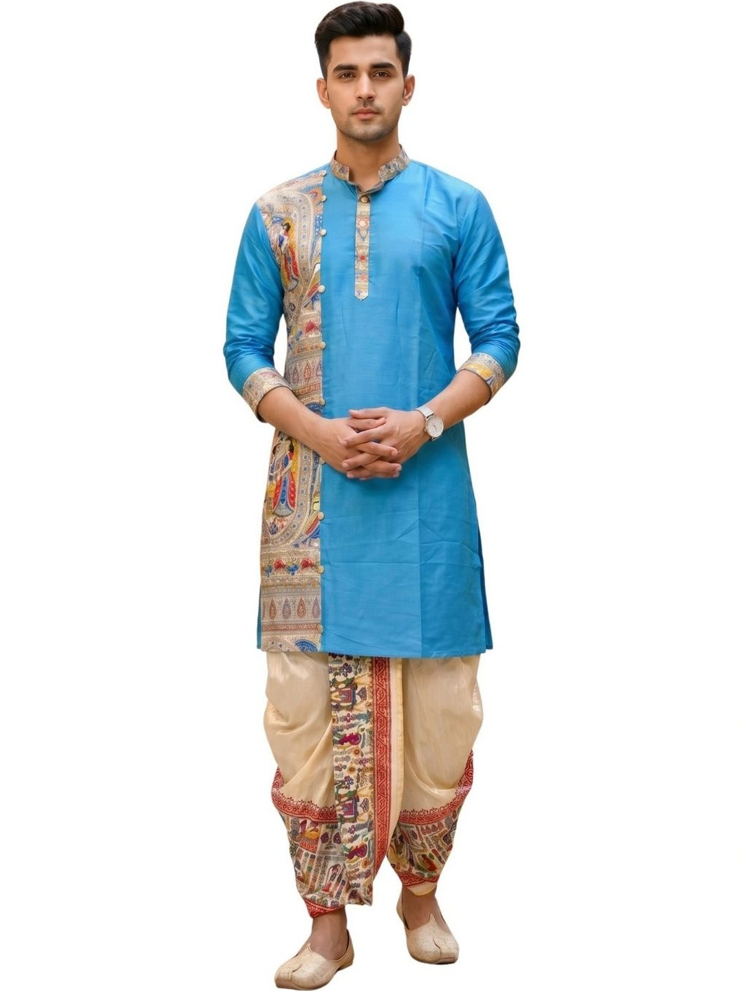 GOURI COLLECTIONS Men Khadi Silk Madhubani Printed Kurta With Banarasi Silk Dhoti Pant