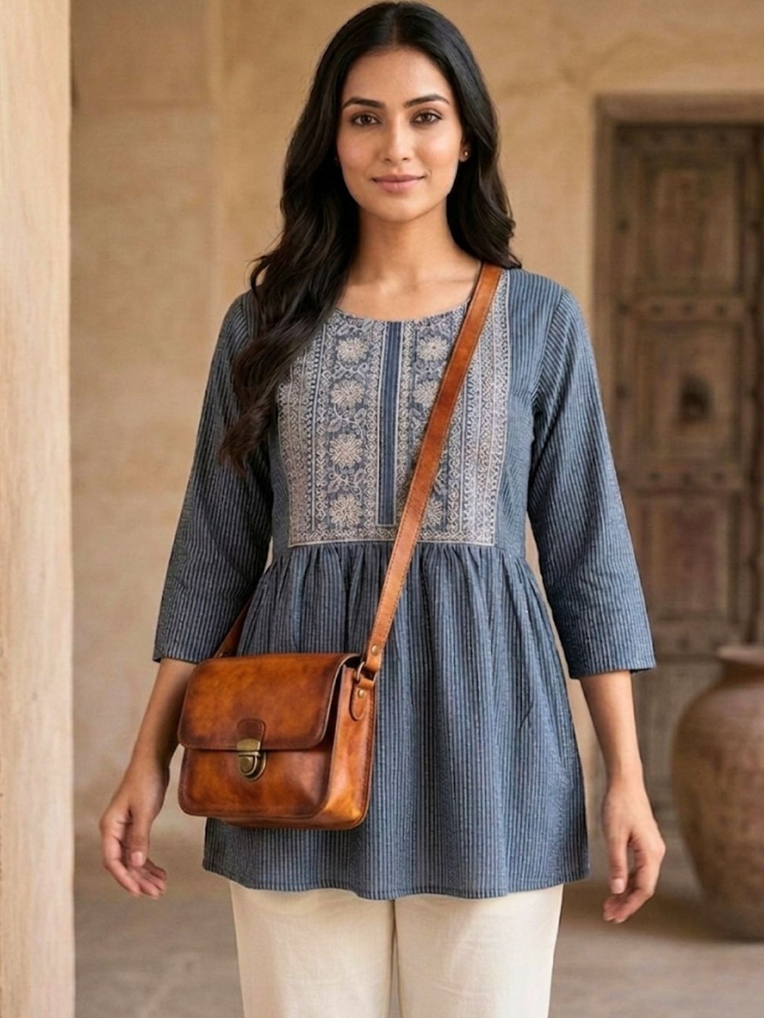 Vaidiki Striped Ethnic Cotton Maternity Feeding Top