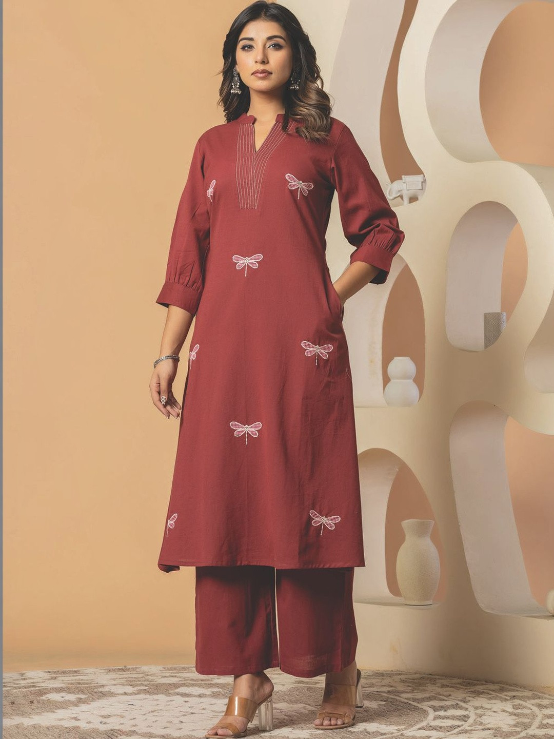 Indo Era Women Embroidered Regular Thread Work Pure Cotton Kurta with Palazzos