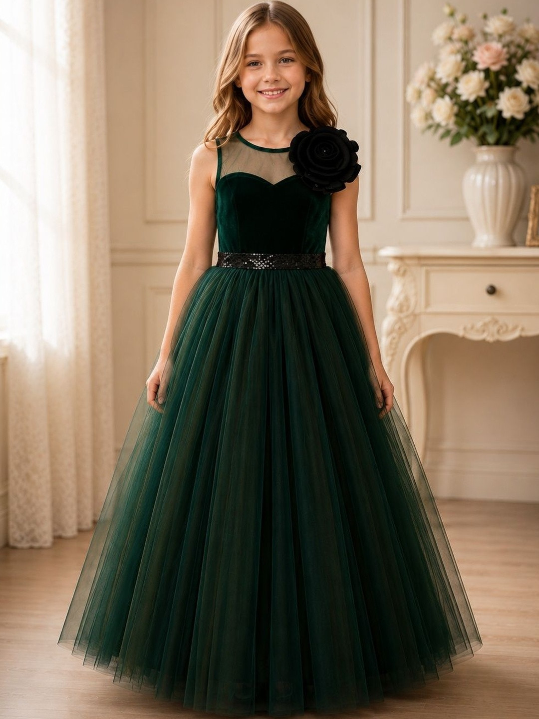 Dripteen Girls Floral Applique Velvet Net Maxi Dress