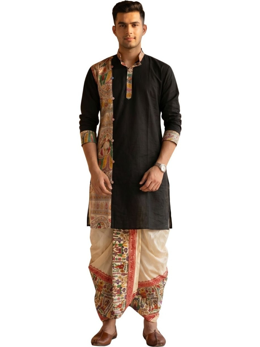 GOURI COLLECTIONS Men Khadi Silk Madhubani Printed Kurta With Banarasi Silk Dhoti Pant