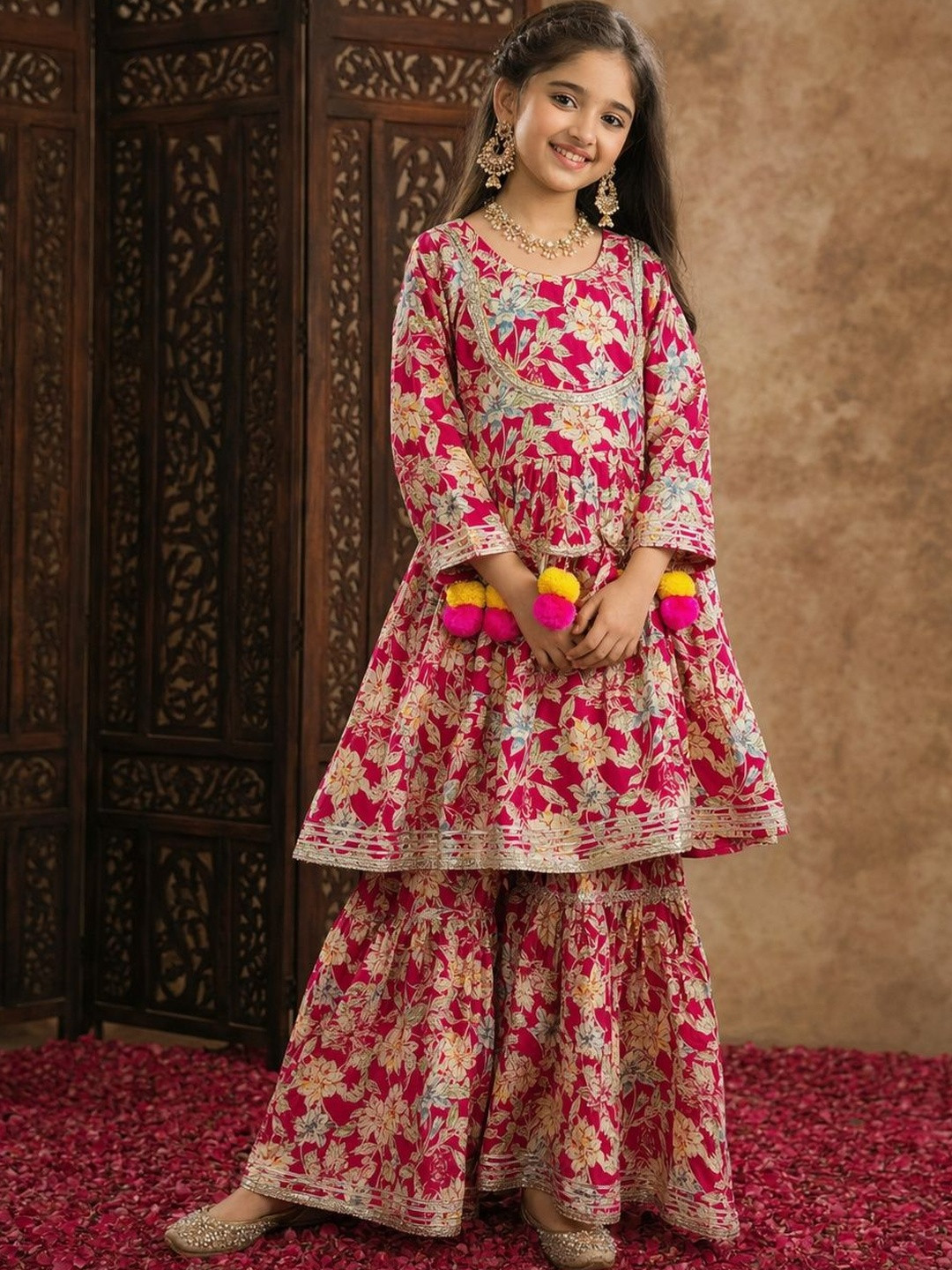 Sangria Girls Floral Printed Empire Gotta Patti Pure Cotton Kurta with Sharara