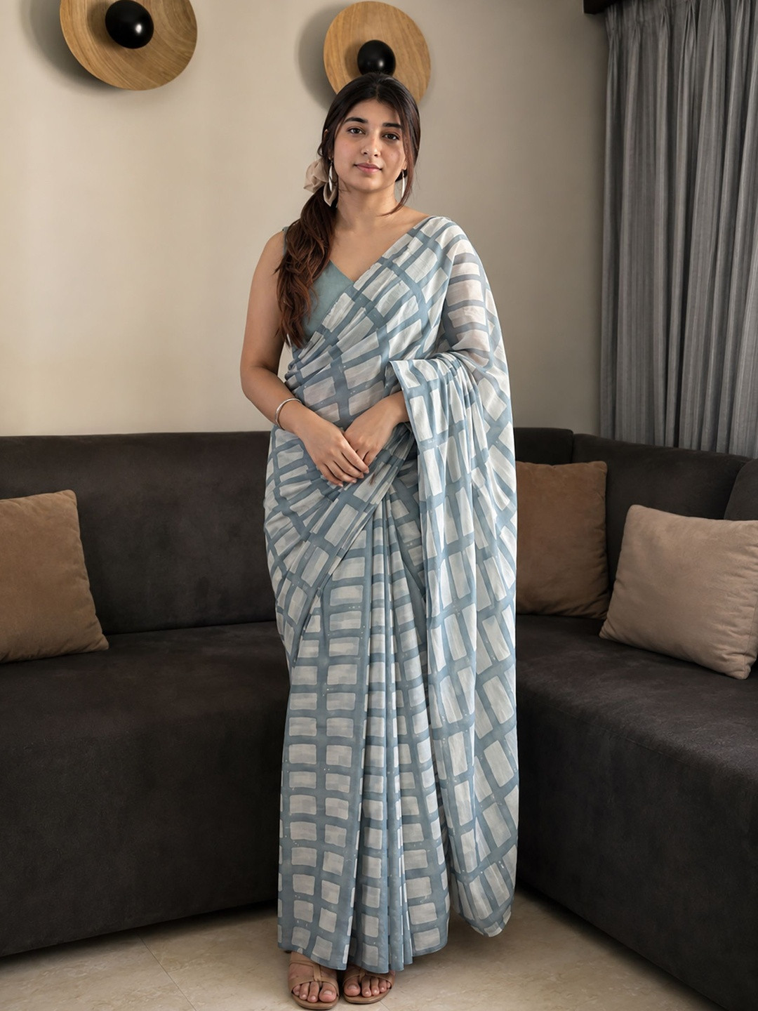 KALINI Linen Blend Designer Block Print Saree