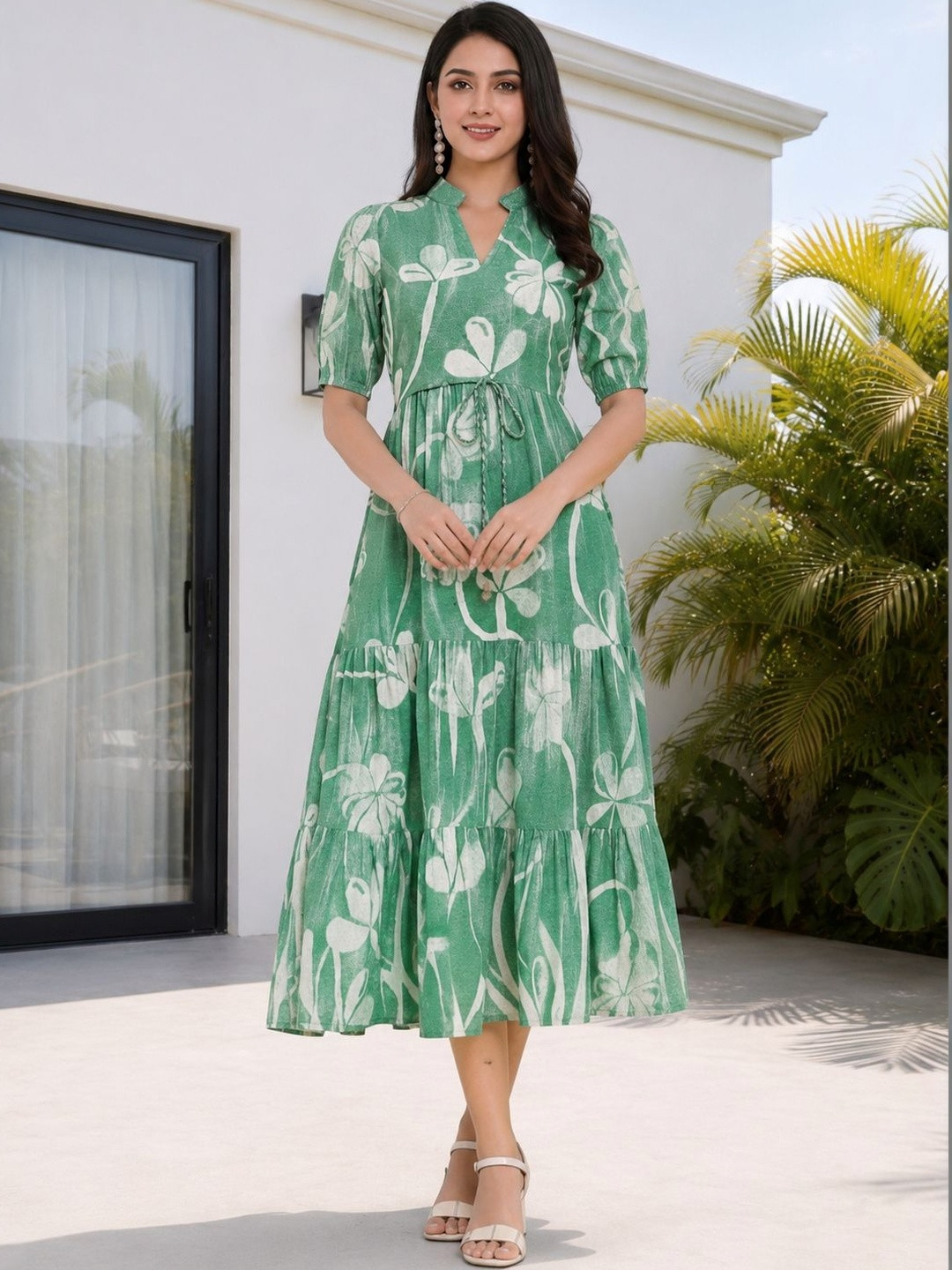 HERE&NOW Floral Print Puff Sleeve Crepe A-Line Midi Dress