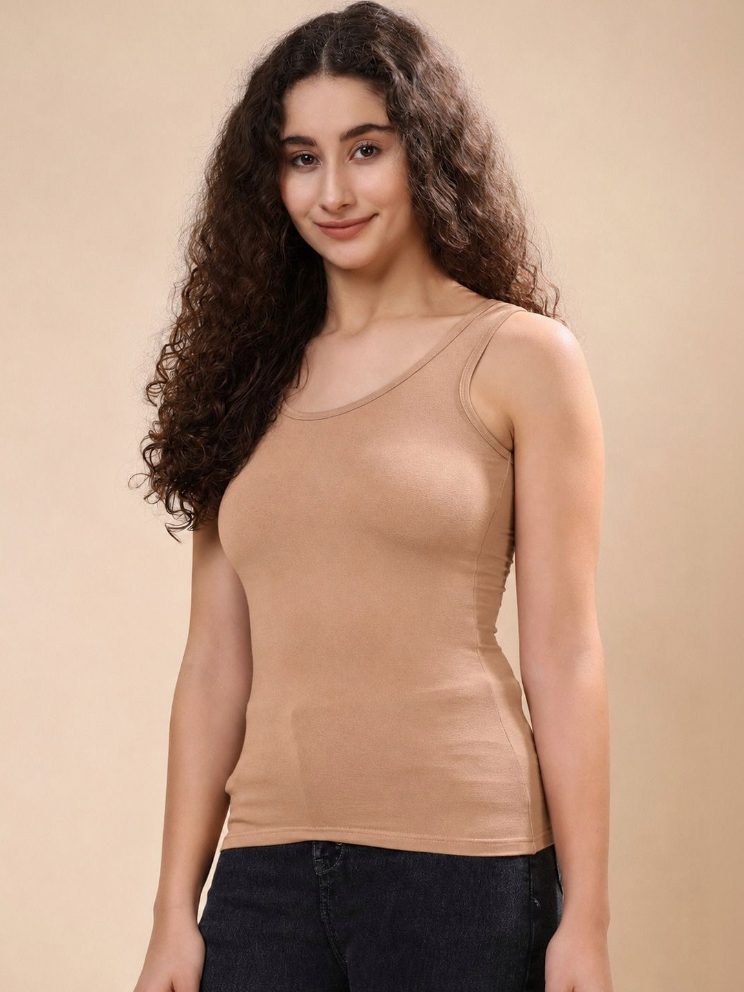 HERE&NOW Women Cotton Scoop Neck Non-Padded Spaghetti Strap Top