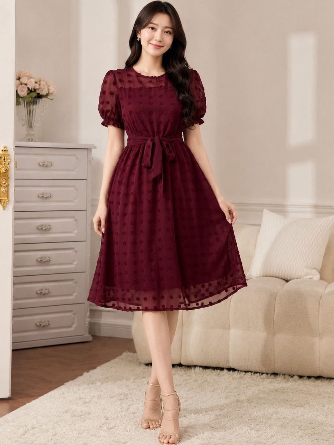Mast & Harbour Puff Sleeve Fit & Flare Midi Dress