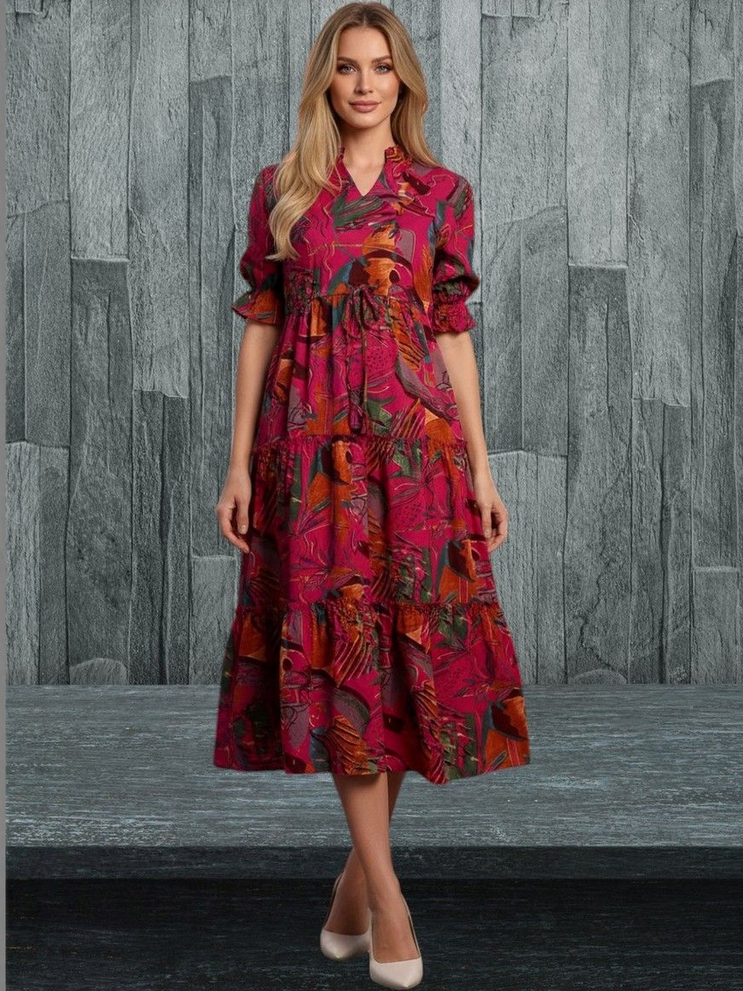 Moda Rapido Tropical Print Crepe Fit & Flare Midi Dress