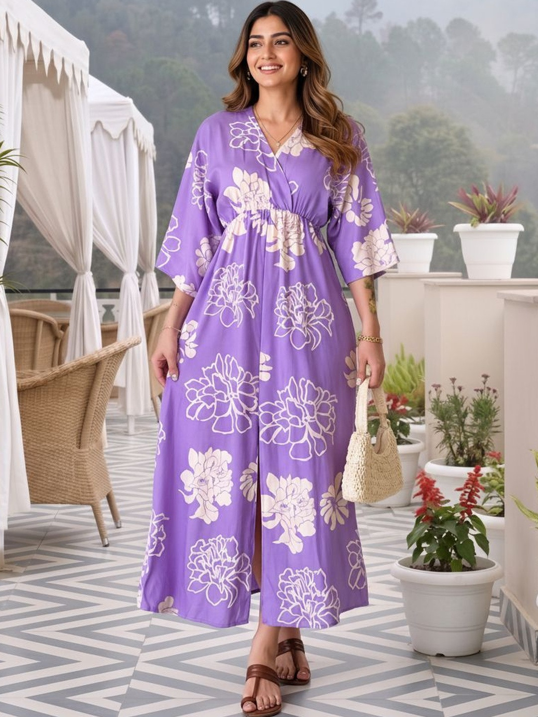 HERE&NOW Floral Print Kimono Sleeve Crepe Kaftan Maxi Dress