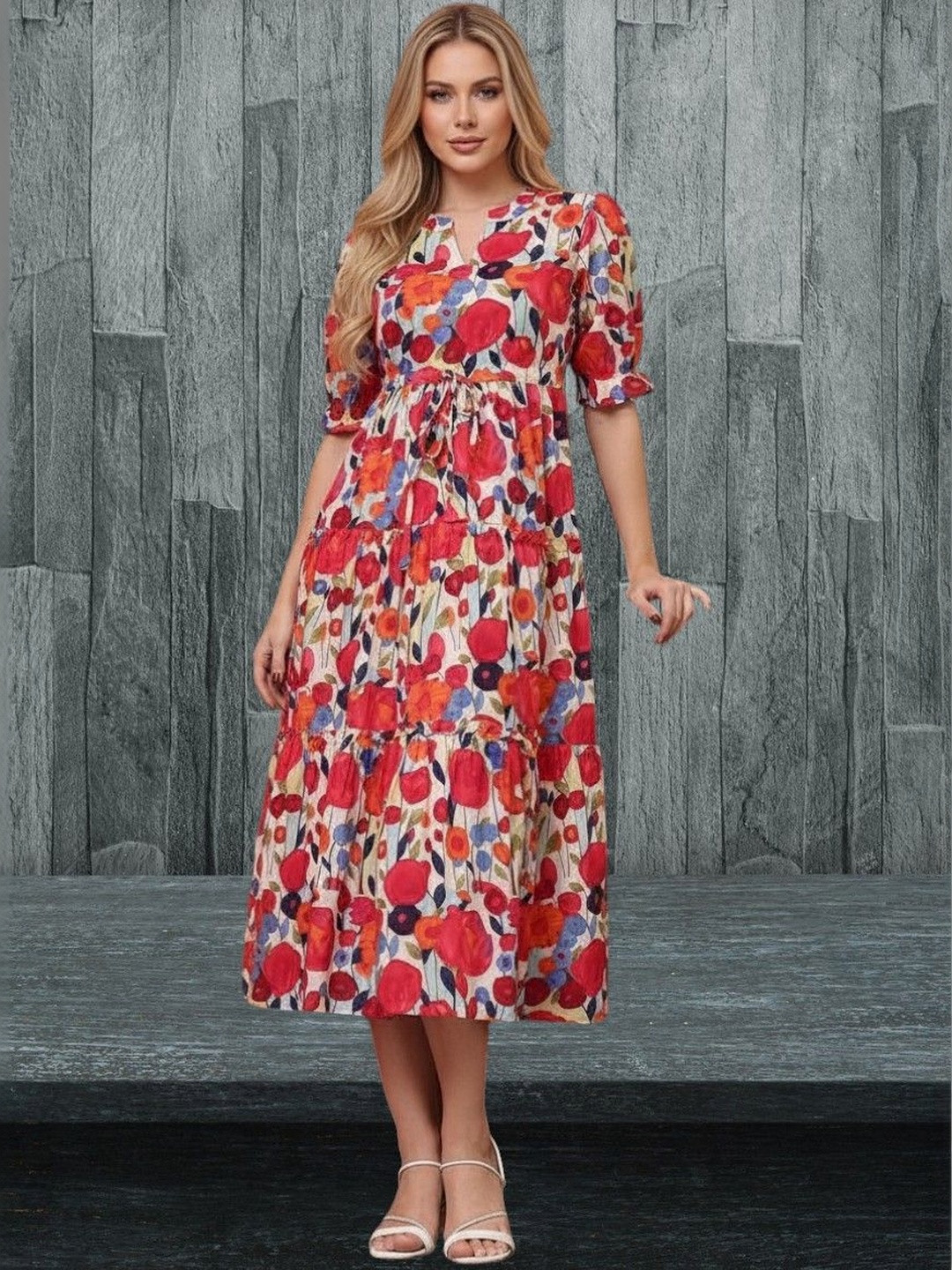 Moda Rapido Floral Print Puff Sleeve Crepe Fit & Flare Midi Dress