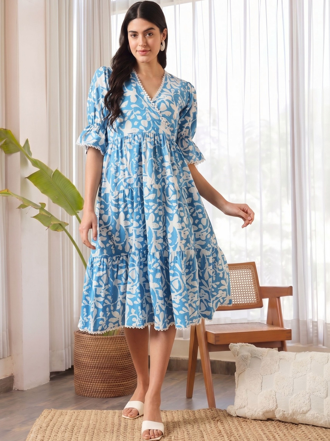 HERE&NOW Floral Print Puff Sleeve Ruffled Crepe Midi Dress
