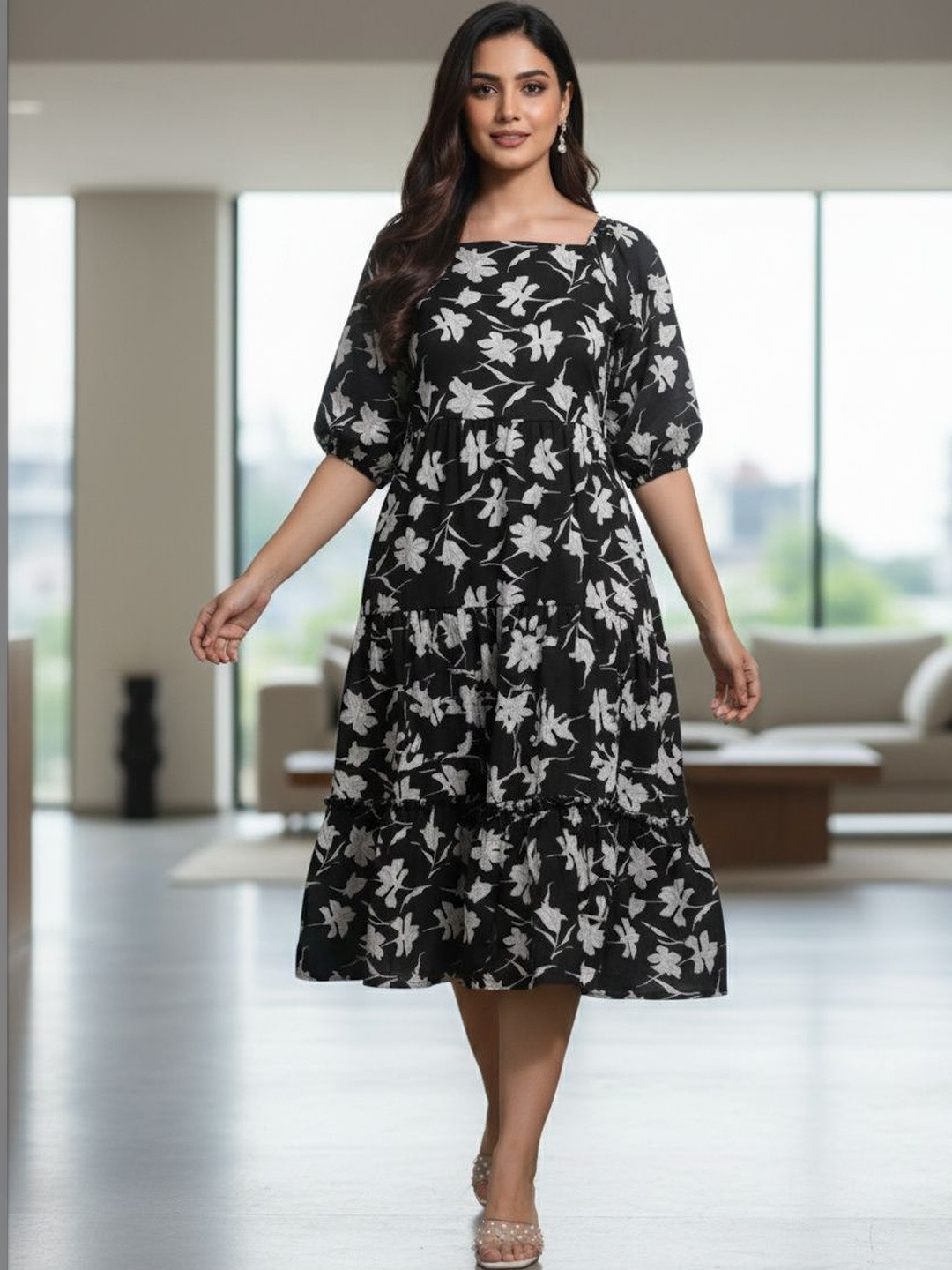 HERE&NOW Floral Print Puff Sleeve Crepe A-Line Midi Dress