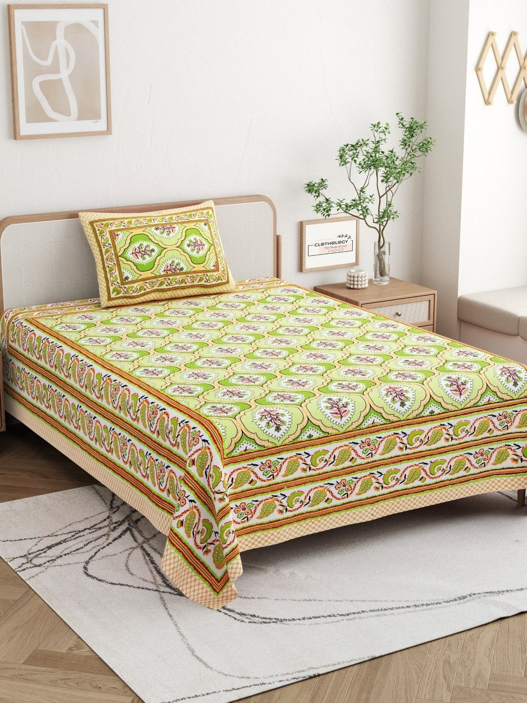 CLOTHOLOGY Lime Green & Mustard Floral Trellis Royal Jharokha Cotton Single Flat 180 TC Jaipuri Prints Bedsheet Set