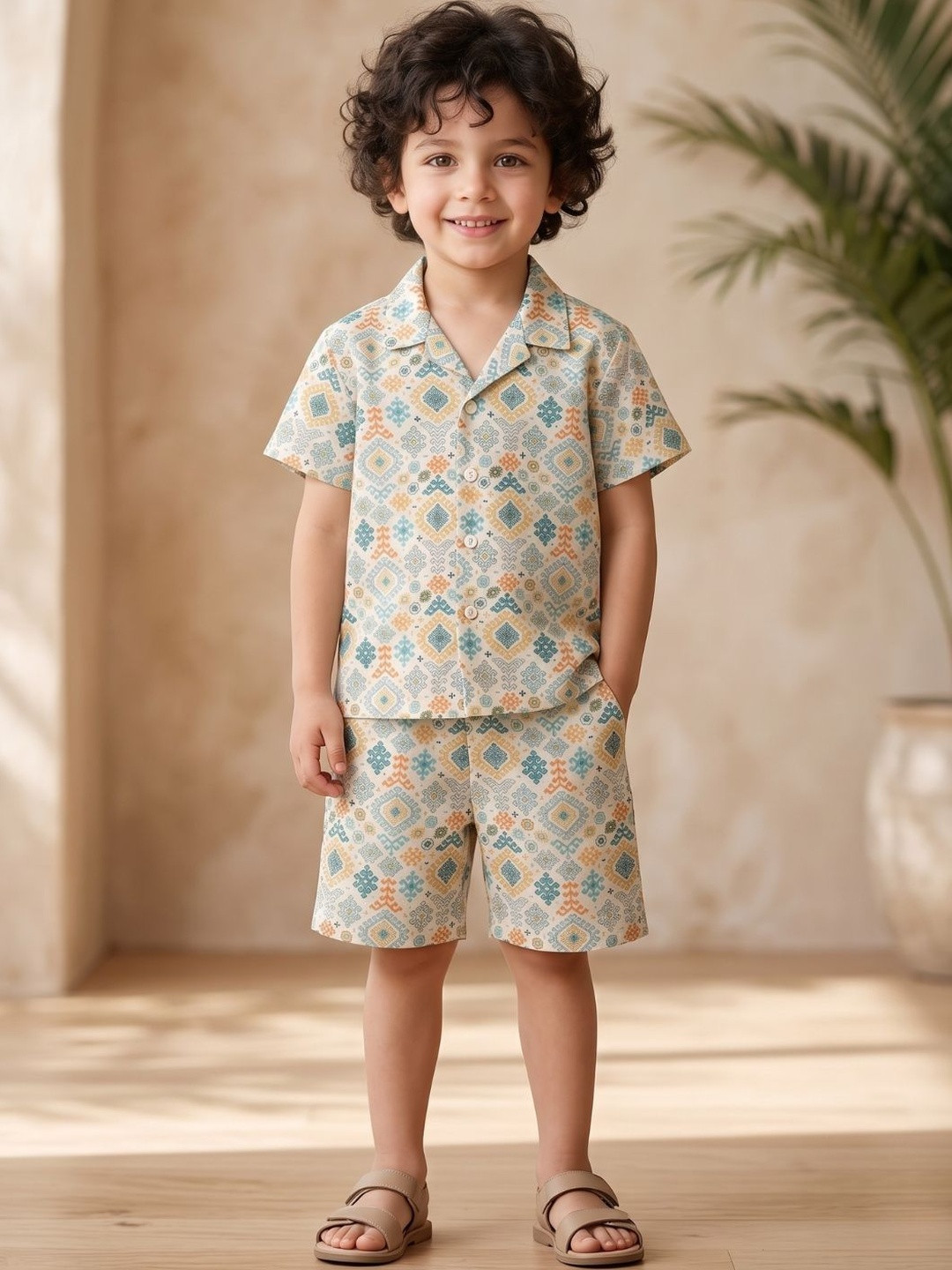Aj DEZInES Boys Green Printed Short Sleeves Pure Cotton Shirt With Shorts Clothing Set