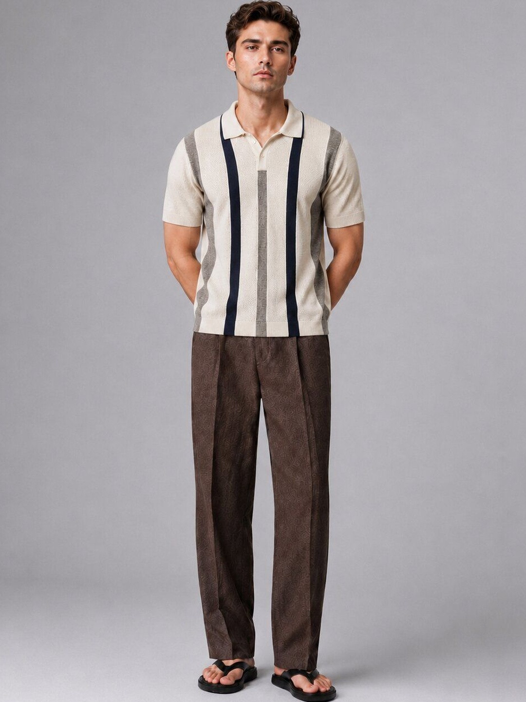 SAINT PEACH Men Striped Polo Collar Slim Fit T-shirt